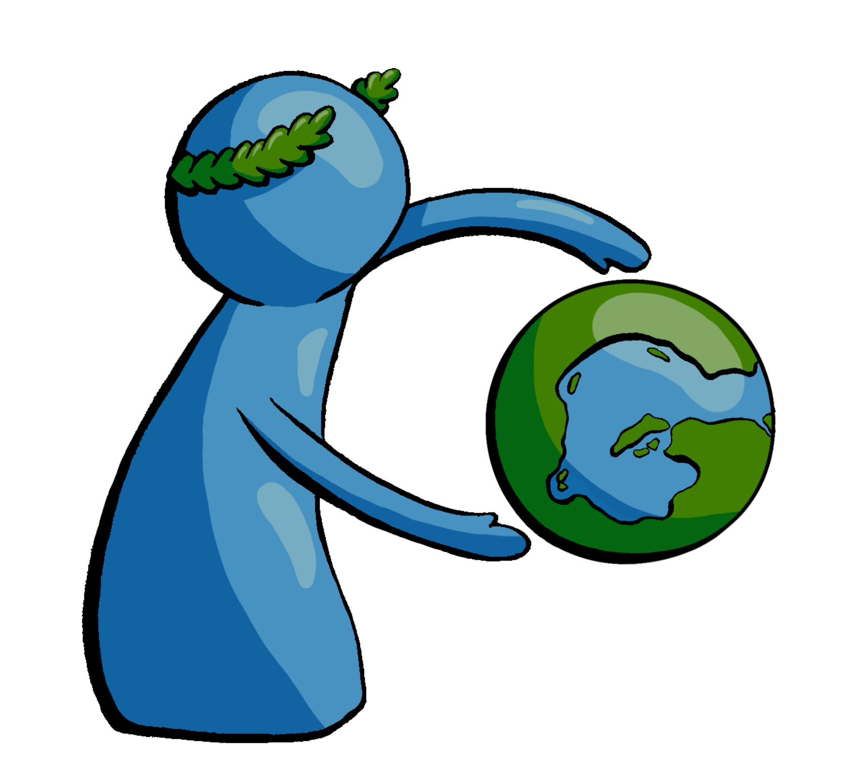 A simplified blue person, wearing a laurel wreath, 
											and holding their arms out to form the letter C. Between their hands is a globe, 
											the landmasses of which form the letter G