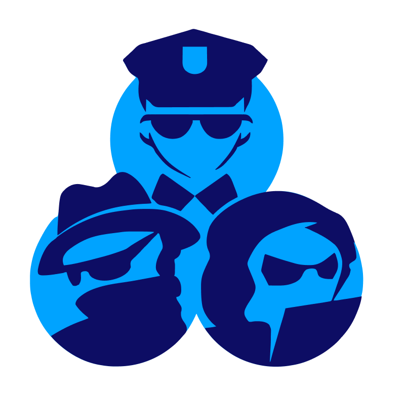 Three blue circles, stacked triangularly,
											 depicting a security guard on the top, an agent on the left, and a hacker on the right 