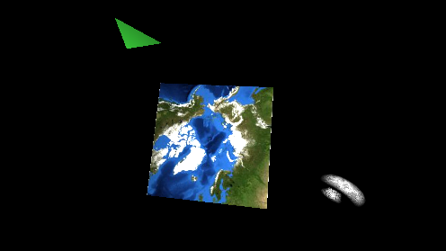 a 3D Cube Earth is orbited by a Donut Moon and a colorful Pyramid